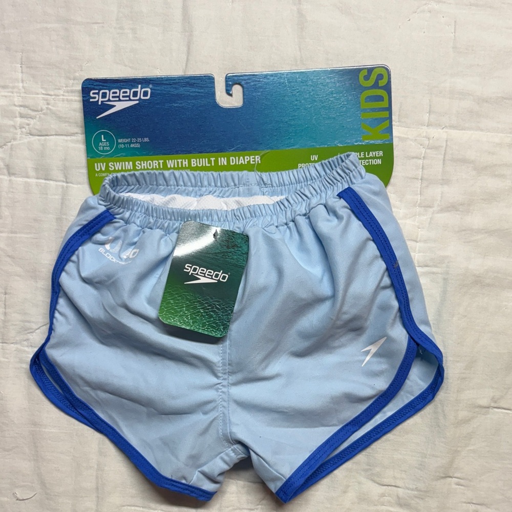 NWT Speedo Baby Kids' Light Blue UV Swim Shorts with Built-in Diaper - Size 18M